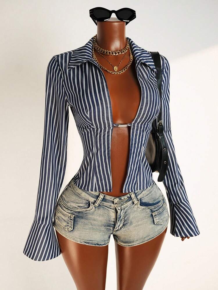 Mistrie Women's Striped Lapel Long Sleeve Slit Design Sexy Blouse - Royal Blue - View 7