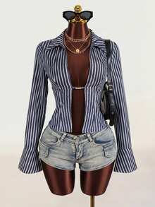 Mistrie Women's Striped Lapel Long Sleeve Slit Design Sexy Blouse - Royal Blue - View 1