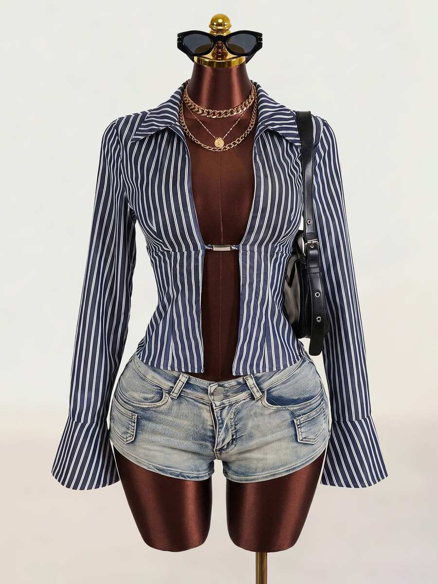 Mistrie Women's Striped Lapel Long Sleeve Slit Design Sexy Blouse - Royal Blue - View 1
