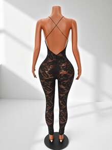 Mistrie Solid Color Spaghetti Strap Backless Sexy Jumpsuit For Holiday Party - Black - View 2