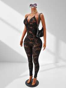 Mistrie Solid Color Spaghetti Strap Backless Sexy Jumpsuit For Holiday Party - Black - View 5