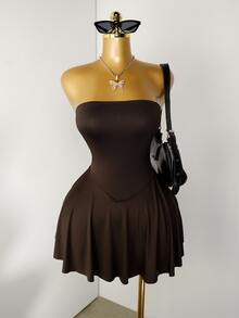 Mistrie Vestido bandeau de unicolor minimalista de moda de verano para mujer - Café integral - Ver 4