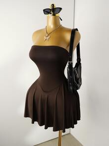 Mistrie Vestido bandeau de unicolor minimalista de moda de verano para mujer - Café integral - Ver 3