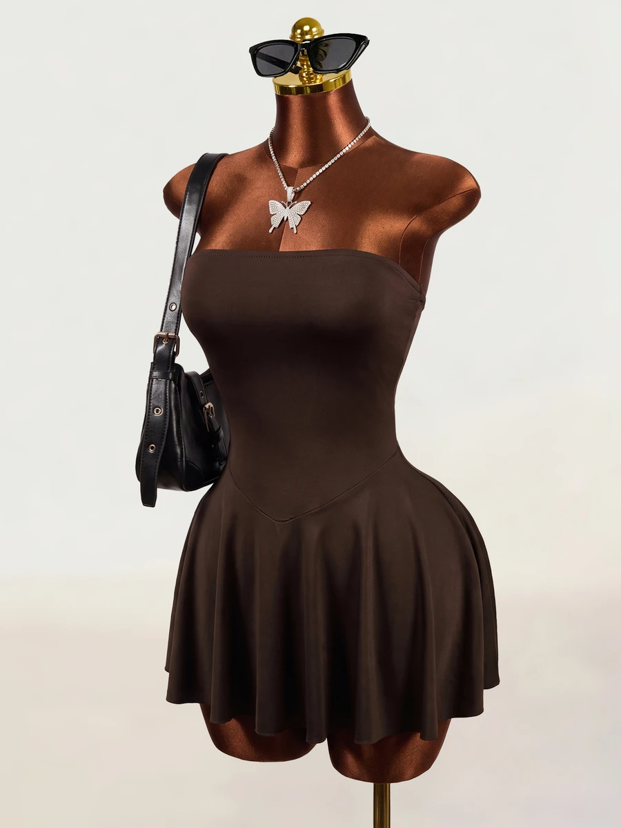 Mistrie Vestido bandeau de unicolor minimalista de moda de verano para mujer - Café integral - Ver 1
