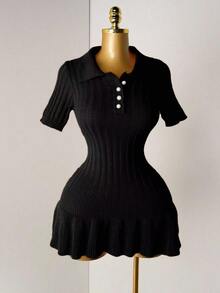Mistrie Women's Knit Pearl Button Ribbed Orange Pleated Mini Dress, Short Sleeve Sexy Bodycon Minimalist Sweater Dress - Black - View 4