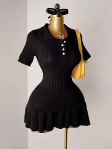 Mistrie Women's Knit Pearl Button Ribbed Orange Pleated Mini Dress, Short Sleeve Sexy Bodycon Minimalist Sweater Dress - Black - View 5