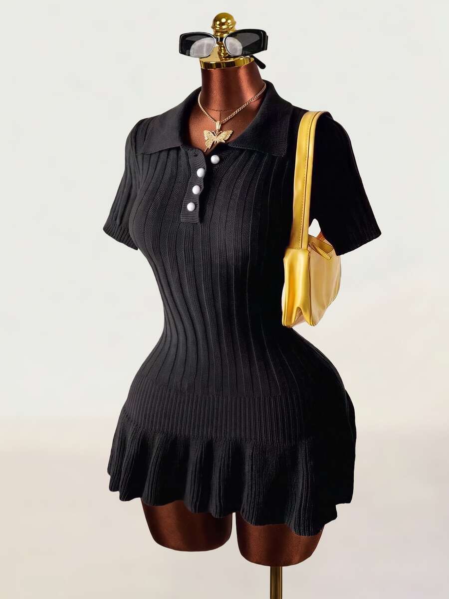 Mistrie Women's Knit Pearl Button Ribbed Orange Pleated Mini Dress, Short Sleeve Sexy Bodycon Minimalist Sweater Dress - Black - View 1