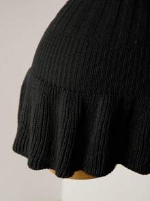 Mistrie Women's Knit Pearl Button Ribbed Orange Pleated Mini Dress, Short Sleeve Sexy Bodycon Minimalist Sweater Dress - Black - View 6