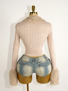 Mistrie Camiseta de manga larga de un solo pecho con costillas ajustadas, de unicolor y parche, de moda para mujer - Albaricoque - Ver 2