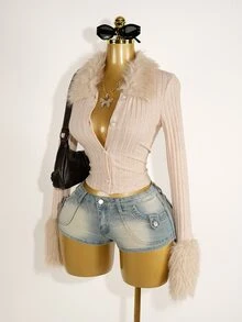Mistrie Camiseta de manga larga de un solo pecho con costillas ajustadas, de unicolor y parche, de moda para mujer - Albaricoque - Ver 8