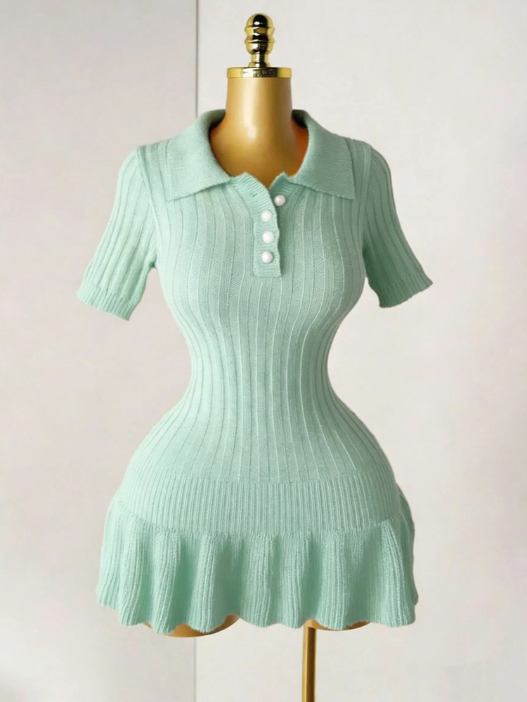 Mistrie Women's Knit Pearl Button Ribbed Sage Green Summer Cute School Back-To-School Pleated Mini Dress,Short Sleeve Bodycon Minimalist Sweater Polo - Mint Green - View 5