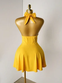 Mistrie Women's Sexy Backless Halter Solid Color Summer Dress - Yellow - View 4