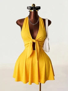 Mistrie Women's Sexy Backless Halter Solid Color Summer Dress - Yellow - View 1