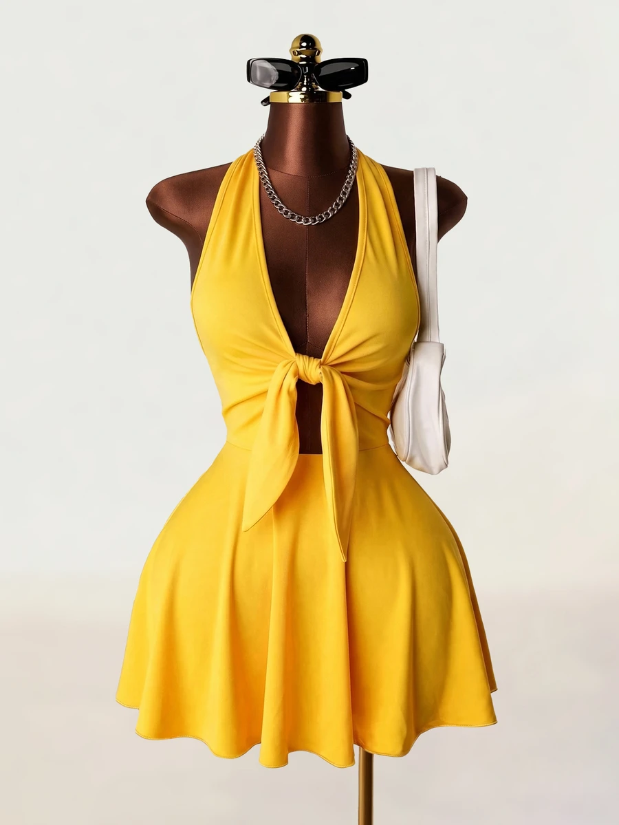 Mistrie Women's Sexy Backless Halter Solid Color Summer Dress - Yellow - View 1
