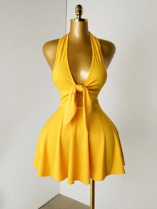 Mistrie Women's Sexy Backless Halter Solid Color Summer Dress - Yellow - View 6