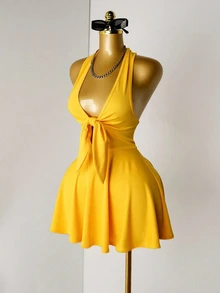 Mistrie Women's Sexy Backless Halter Solid Color Summer Dress - Yellow - View 7