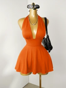 Mistrie Black Tight-Fitting Romper With Deep V-Neck, Backless Strap - Burnt Orange - View 3