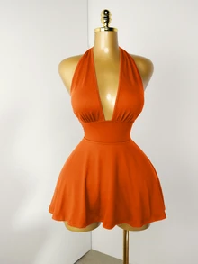 Mistrie Black Tight-Fitting Romper With Deep V-Neck, Backless Strap - Burnt Orange - View 5