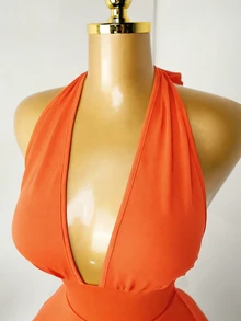 Mistrie Black Tight-Fitting Romper With Deep V-Neck, Backless Strap - Burnt Orange - View 8