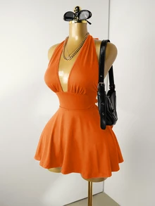 Mistrie Black Tight-Fitting Romper With Deep V-Neck, Backless Strap - Burnt Orange - View 4