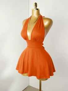 Mistrie Black Tight-Fitting Romper With Deep V-Neck, Backless Strap - Burnt Orange - View 9