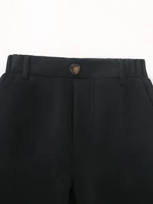 SHEIN 年轻男孩休闲舒适纯色裤子，一粒扣装饰和对角口袋，松紧腰带设计，适合日常穿着、旅行、派对、度假、时尚搭配 - 黑色 - 查看 5