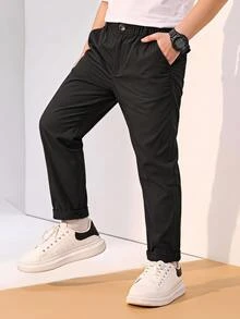 SHEIN 年轻男孩休闲舒适纯色裤子，一粒扣装饰和对角口袋，松紧腰带设计，适合日常穿着、旅行、派对、度假、时尚搭配 - 黑色 - 查看 2