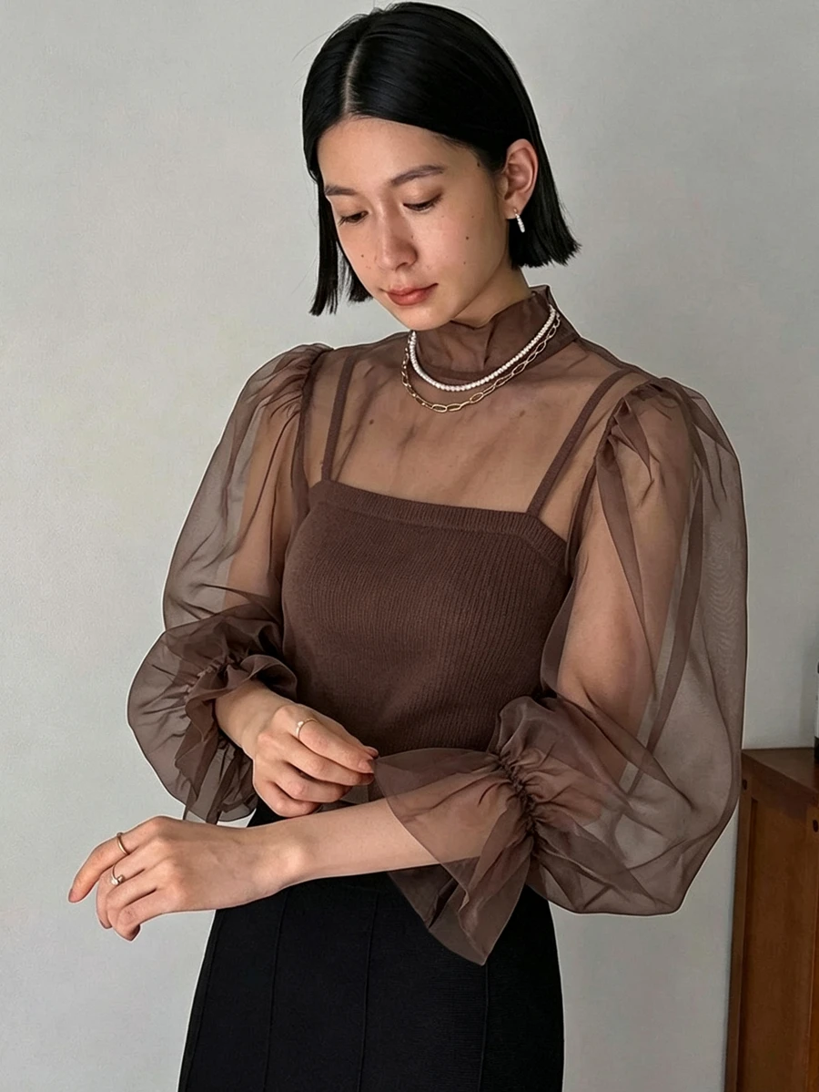 FRIFUL 女款寬鬆時尚立領燈籠袖網紗上衣 - 棕色 - 查看 1