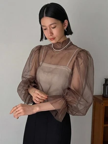 FRIFUL 女款寬鬆時尚立領燈籠袖網紗上衣 - 棕色 - 查看 7
