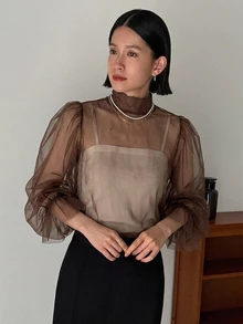 FRIFUL 女款寬鬆時尚立領燈籠袖網紗上衣 - 棕色 - 查看 4