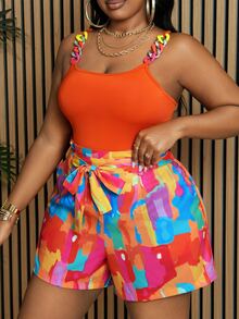 Veslaya Plus Size Women's Orange Color Block Geometric Pattern Tank Top And Shorts Set,Slim Fit Sleeveless Chain Strap,Summer Beach Vacation Holiday Outfits - Orange - View 6