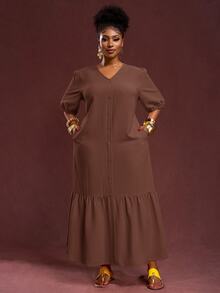 Veslaya 2025 新款春夏大码女式复古西部度假/早午餐装，音乐节/俱乐部/公路旅行/度假/休闲/城市度假/毕业典礼，女士优雅装扮，休闲宽松黄色纹理泡泡格纹 V 领泡泡袖 H 字形荷叶边下摆长裙 - 棕色 - 查看 9