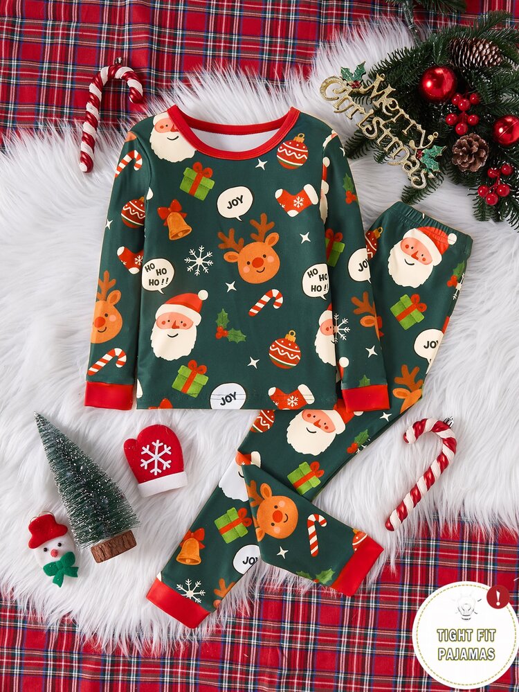 Santa Claus Young Boy Autumn/Winter Pajamas Stretchy Snug Fit Long Sleeve Pants Print Christmas Reindeer Bell Gift Green Sets Are Sold Separately - Multicolor - View 4