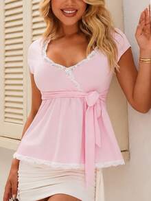 Sandy Gomes Y2K Lace Trim Vacation Sweet Slim Fit T-Shirt - Pink - View 4