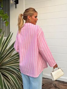 Sandy Gomes Women's Stripe Drop Shoulder Long Sleeve Single-Breasted Casual Shirt - Mauve Purple - View 2