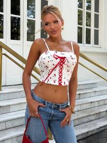Sandy Gomes Fruit Cherry Print Tie Front Bustier Crop Top Camisole Tank - Multicolor - View 1