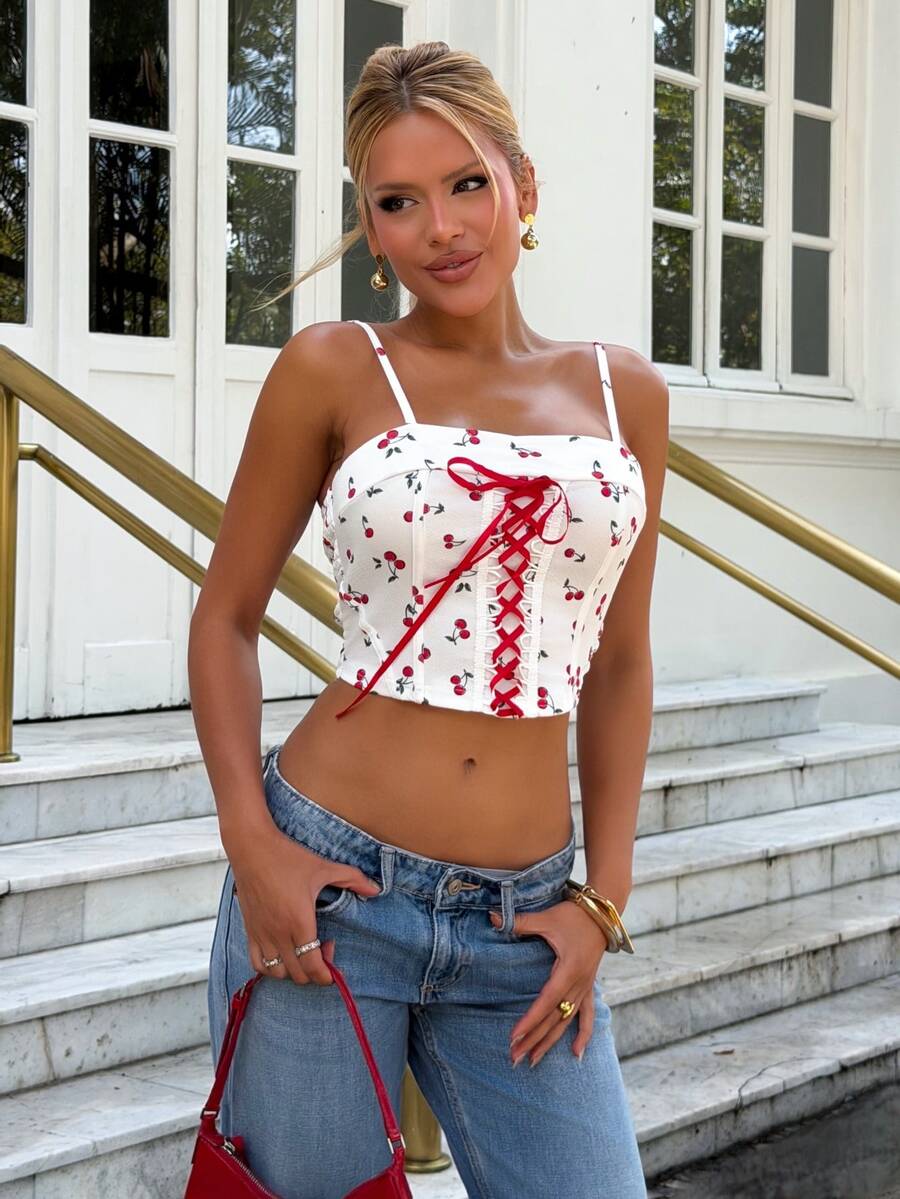 Sandy Gomes Fruit Cherry Print Tie Front Bustier Crop Top Camisole Tank - Multicolor - View 1