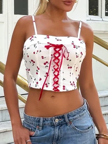 Sandy Gomes Fruit Cherry Print Tie Front Bustier Crop Top Camisole Tank - Multicolor - View 4