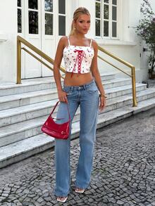 Sandy Gomes Fruit Cherry Print Tie Front Bustier Crop Top Camisole Tank - Multicolor - View 3