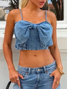 Sandy Gomes Women's Vintage Denim Top, Pink, Sweet Bowknot, Camisole - Light Wash - View 4