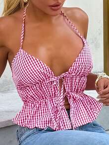 Sandy Gomes Sexy Plaid Strappy Camisole - Red and White - View 4