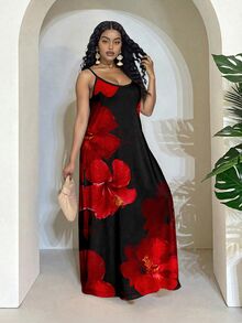 Veslaya Plus Size Tropical Floral Print Dress, Suitable For Vacation Spring - Multicolor - View 3