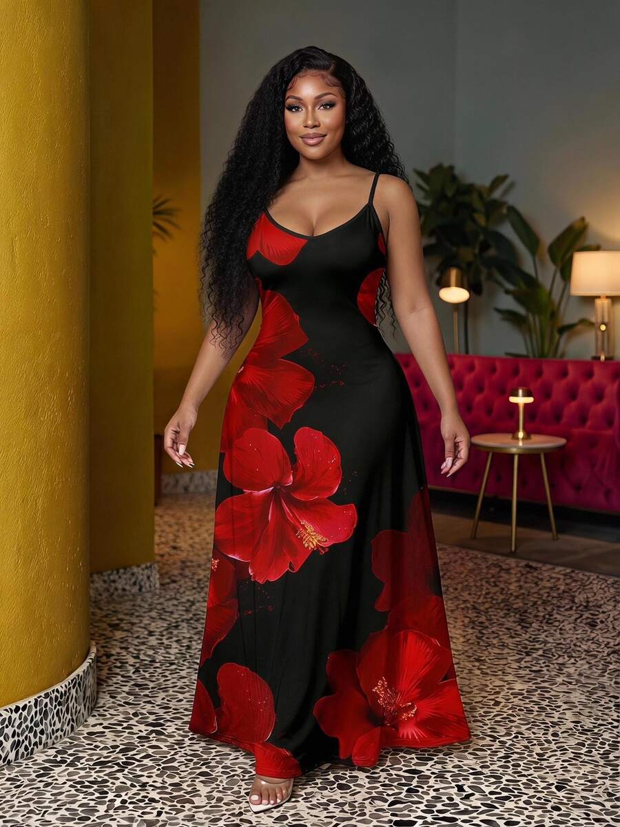 Veslaya Plus Size Tropical Floral Print Dress, Suitable For Vacation Spring - Multicolor - View 1