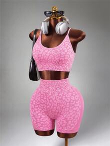 Mistrie 1pc Women's Leopard Print Criss-Cross Twist Strap Sports Bra And Shorts Yoga Workout Set - Hot Pink - View 6