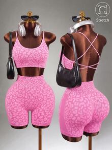 Mistrie 1pc Women's Leopard Print Criss-Cross Twist Strap Sports Bra And Shorts Yoga Workout Set - Hot Pink - View 3