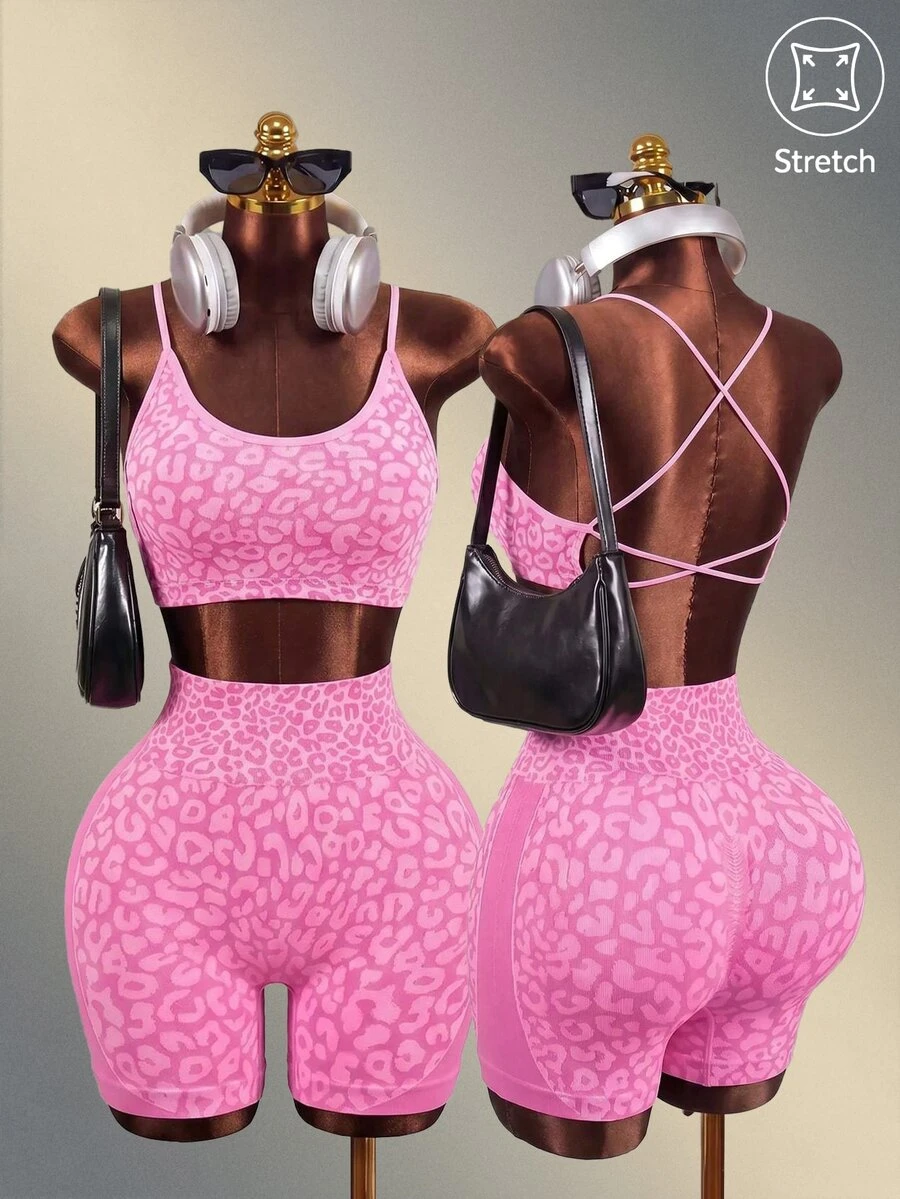 Mistrie 1pc Women's Leopard Print Criss-Cross Twist Strap Sports Bra And Shorts Yoga Workout Set - Hot Pink - View 1
