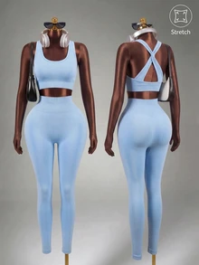 Mistrie Women Twist Back Cropped Tank Top And Sports Leggings Set Workout Women Sets - Baby Blue - View 3