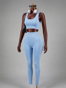 Mistrie Women Twist Back Cropped Tank Top And Sports Leggings Set Workout Women Sets - Baby Blue - View 6