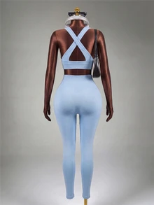 Mistrie Women Twist Back Cropped Tank Top And Sports Leggings Set Workout Women Sets - Baby Blue - View 2