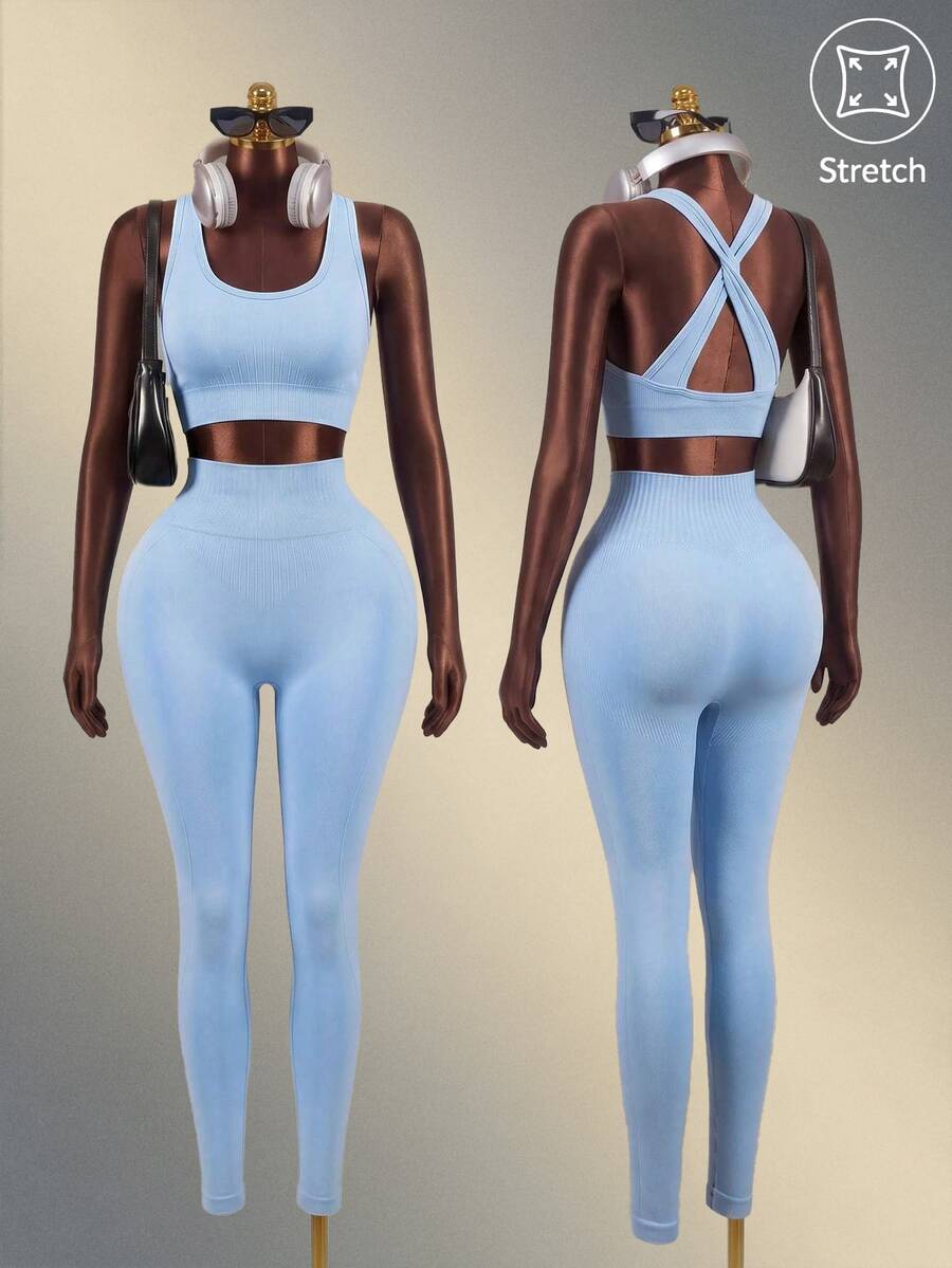 Mistrie Women Twist Back Cropped Tank Top And Sports Leggings Set Workout Women Sets - Baby Blue - View 1